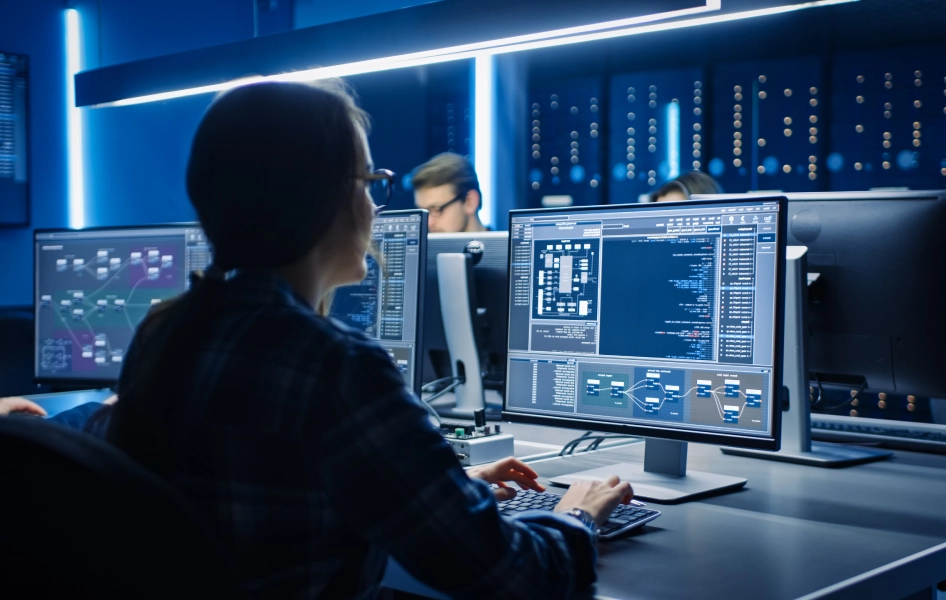 A man sitting at a desk with two monitors.