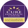 A purple circle with the words cure pancreatic cancer on it.