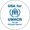 A button that says usa for unhcr the un refugee agency