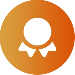 A round orange button with an image of a ribbon.