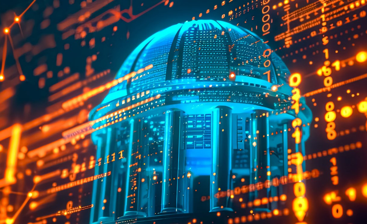 A computer generated image of a building with lights.
