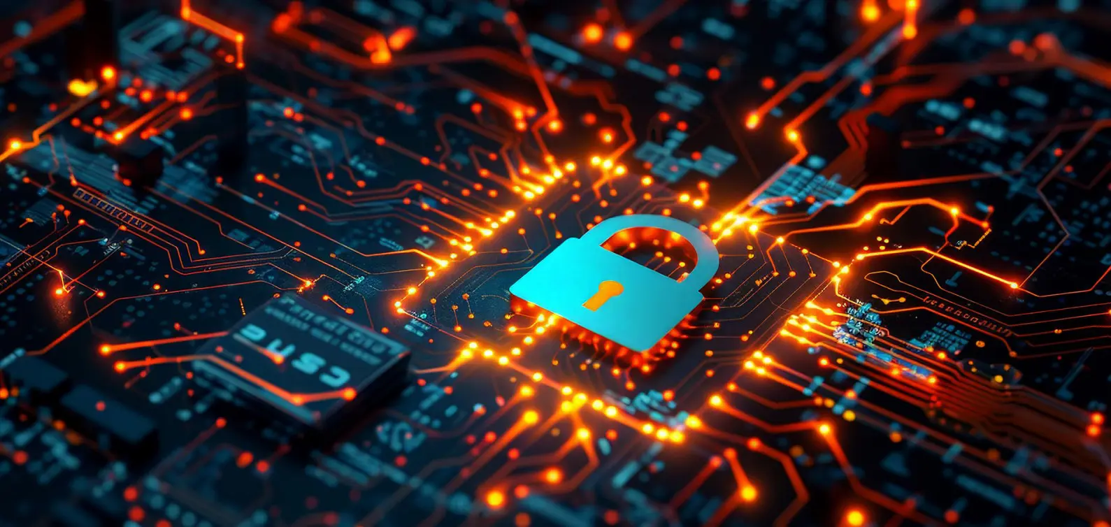 A close up of an electronic circuit with a padlock