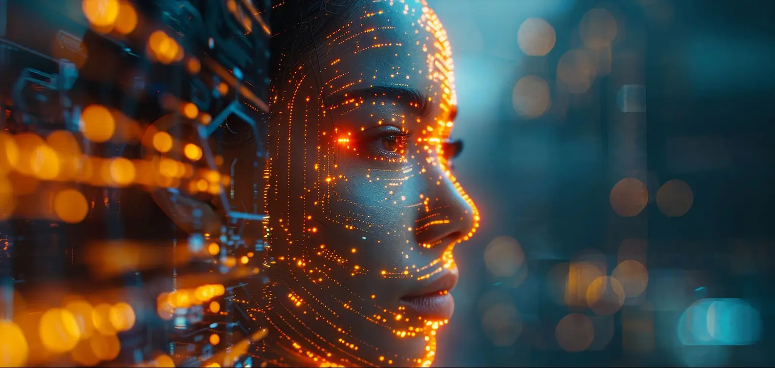 A woman with glowing orange lights on her face.