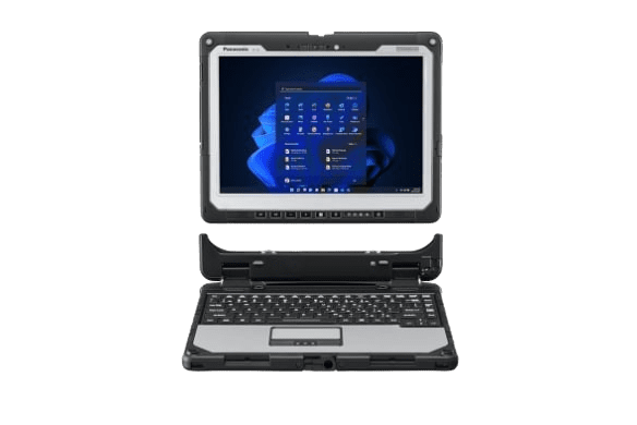 Rugged laptop with detachable screen and keyboard.