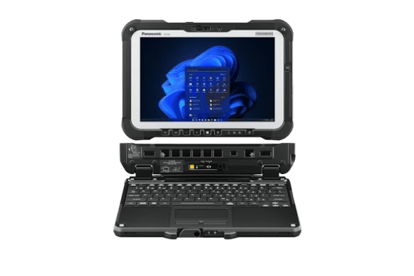 Rugged laptop with open screen display.