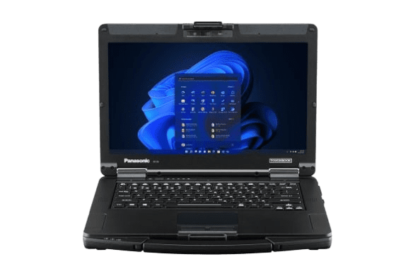 Rugged laptop displaying Windows operating system.