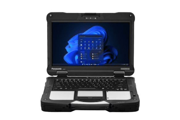 Rugged laptop with Windows operating system open.